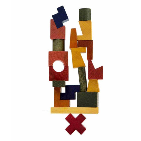 3. Close-up of colorful wooden blocks stacked in a tower, showcasing various shapes and natural pigments