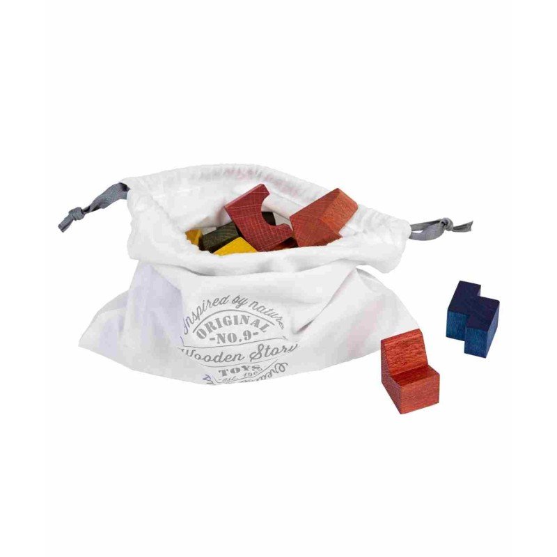4. Flat lay of colorful wooden blocks in a white cotton bag with Wooden Story branding
