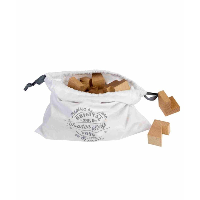 4. Wooden Story natural wooden tower puzzle blocks in a branded cotton bag with drawstring closure