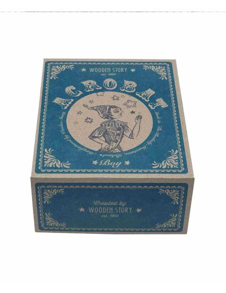 4. Blue and beige packaging box for Wooden Story acrobat toy, featuring vintage-style illustrations and text
