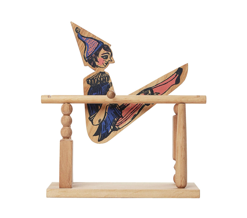 2. Wooden acrobat toy by Wooden Story on a clean white background, showcasing colorful painted details and wooden construction