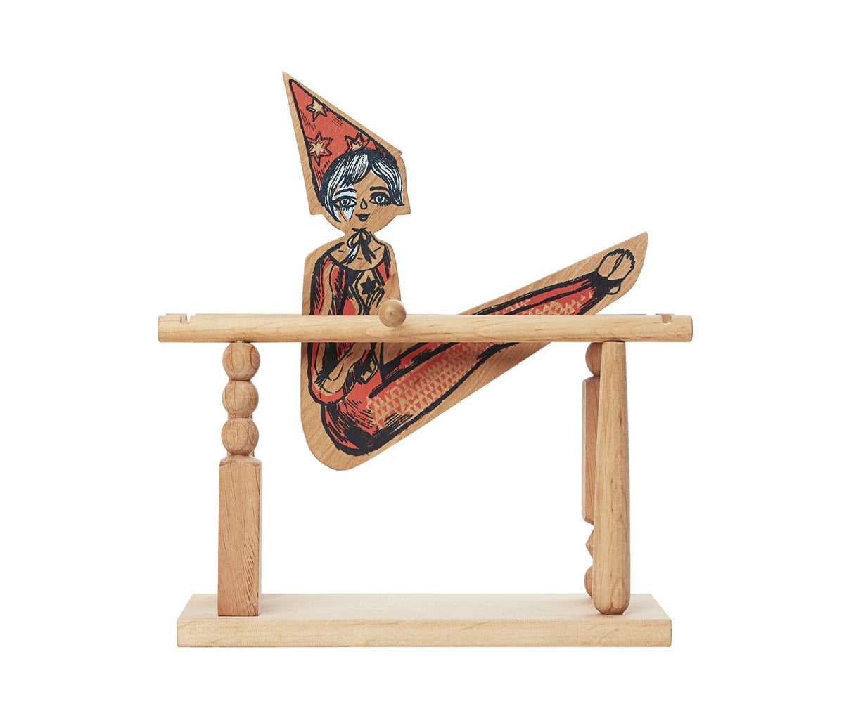 2. Wooden acrobat toy with colorful design on a wooden stand, showcasing intricate details and craftsmanship