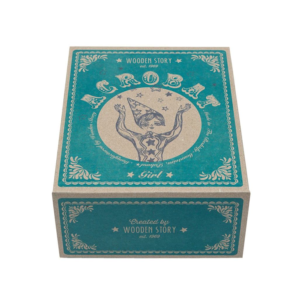 4. Wooden Story acrobat toy box with vintage design and brand logo, shown from an angle