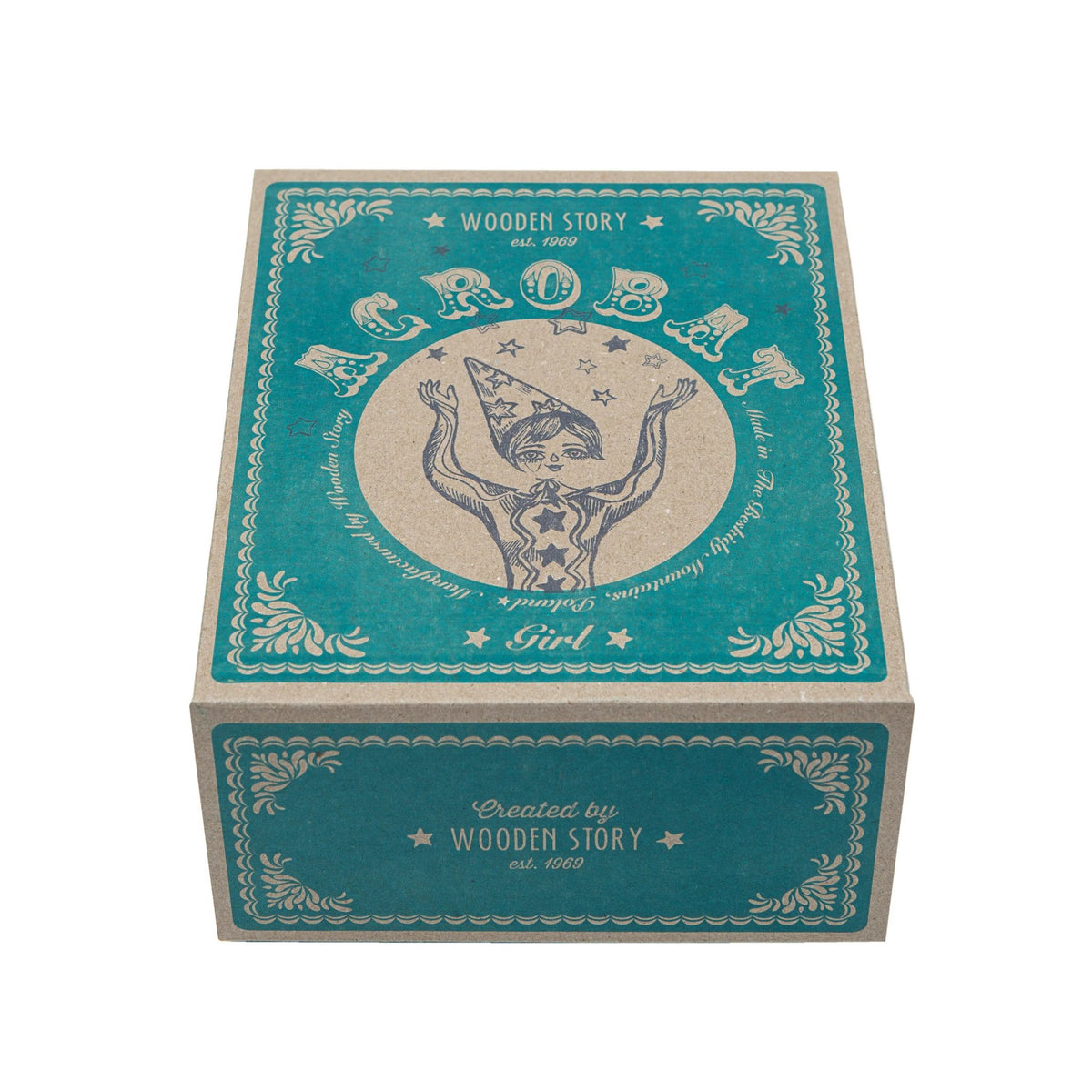 4. Wooden Story acrobat toy box with vintage design and brand logo, shown from an angle