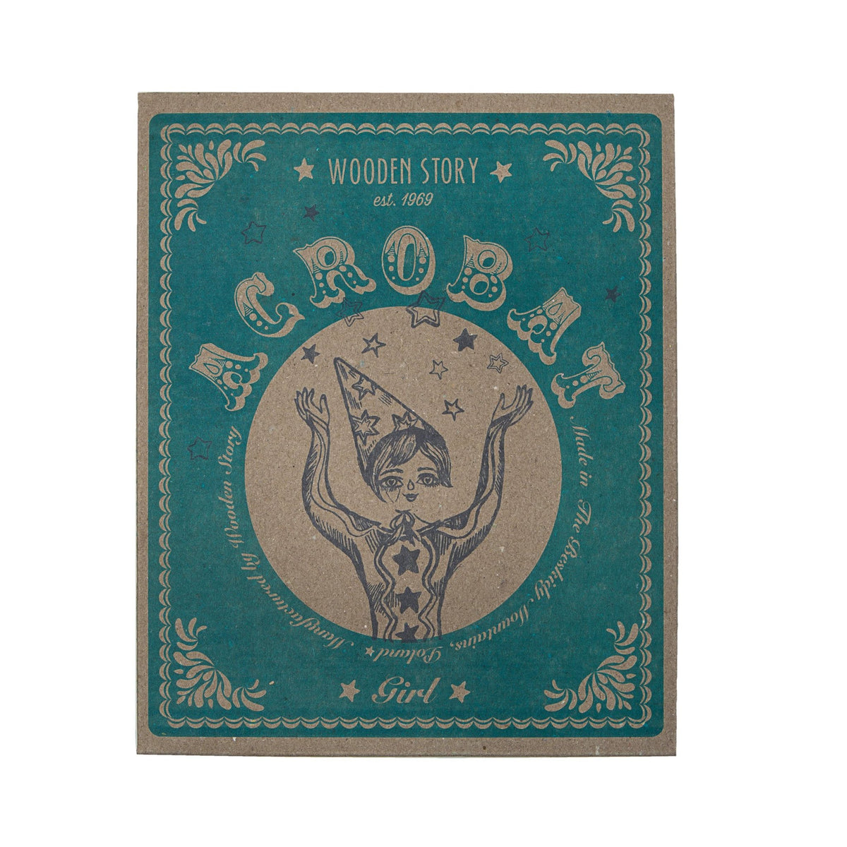 4. Close-up of Wooden Story acrobat toy packaging with vintage design and brand logo