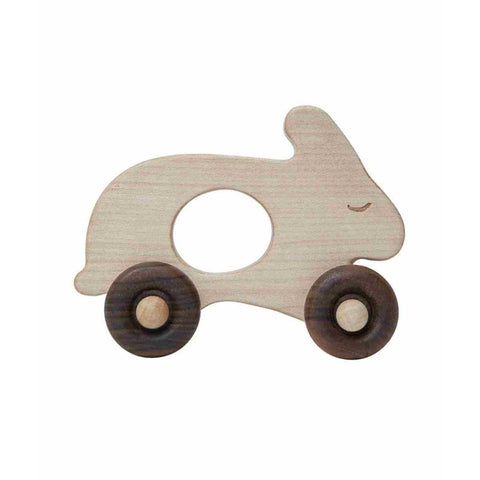 2. Wooden rabbit toy on wheels with smooth finish and natural wood colors, shown on a white background
