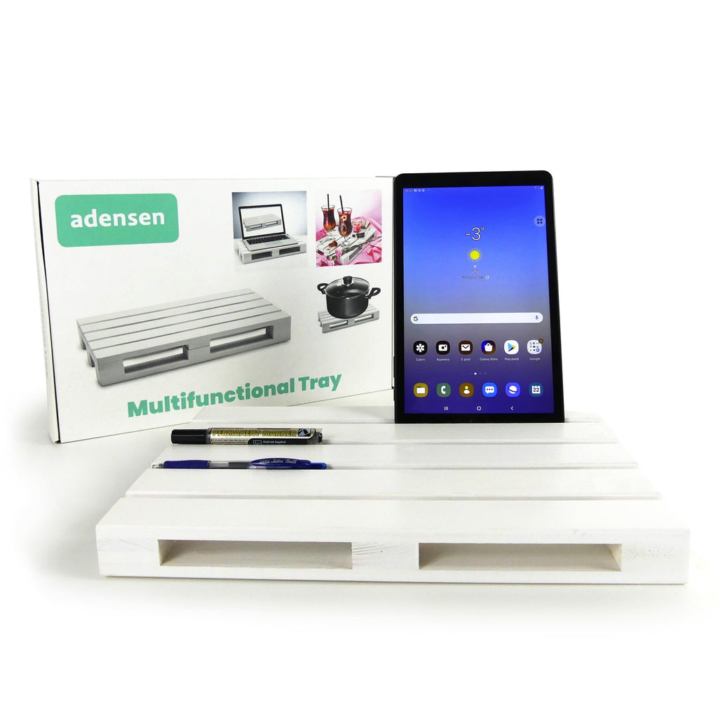 2. White wooden tray with tablet and pens, Adensen packaging in background