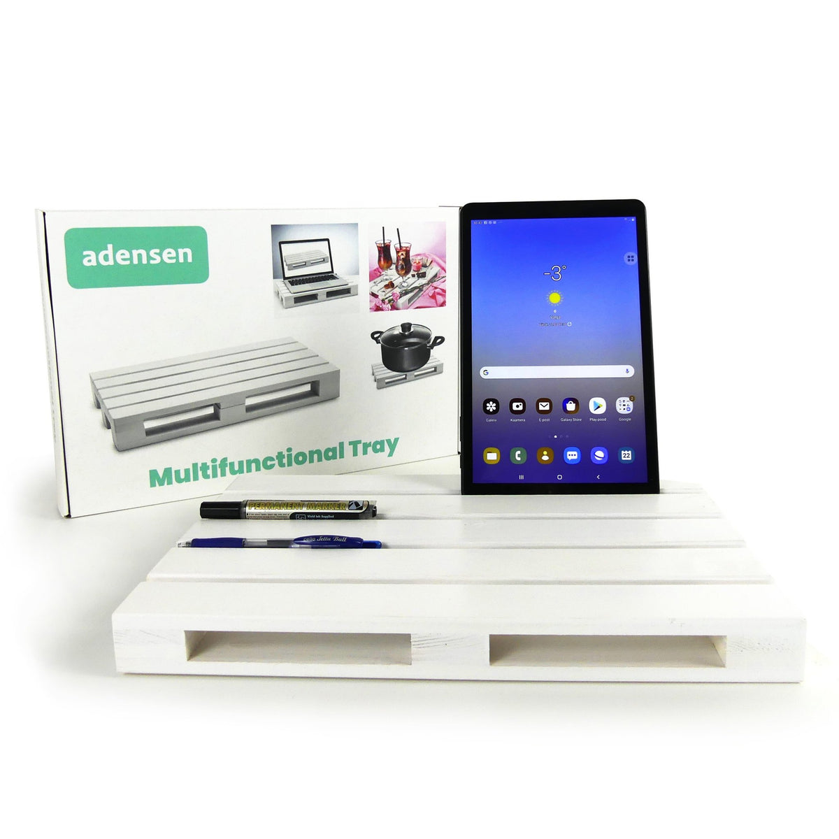2. White wooden tray with tablet and pens, Adensen packaging in background