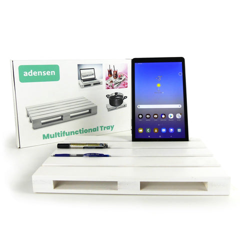 2. White wooden tray with tablet and pens, Adensen packaging in background