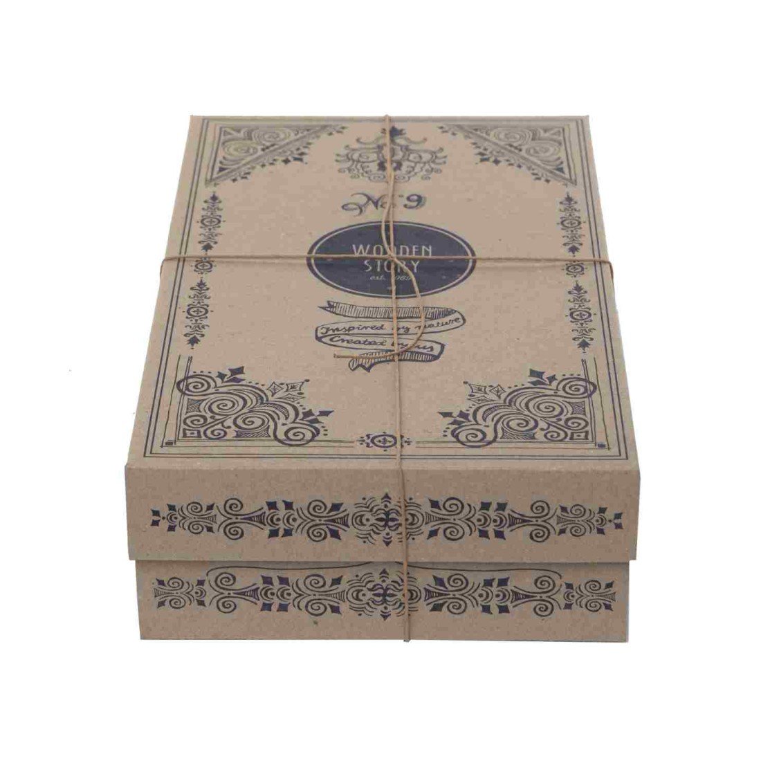 4. Decorative Wooden Story packaging box with intricate designs and branding, tied with string