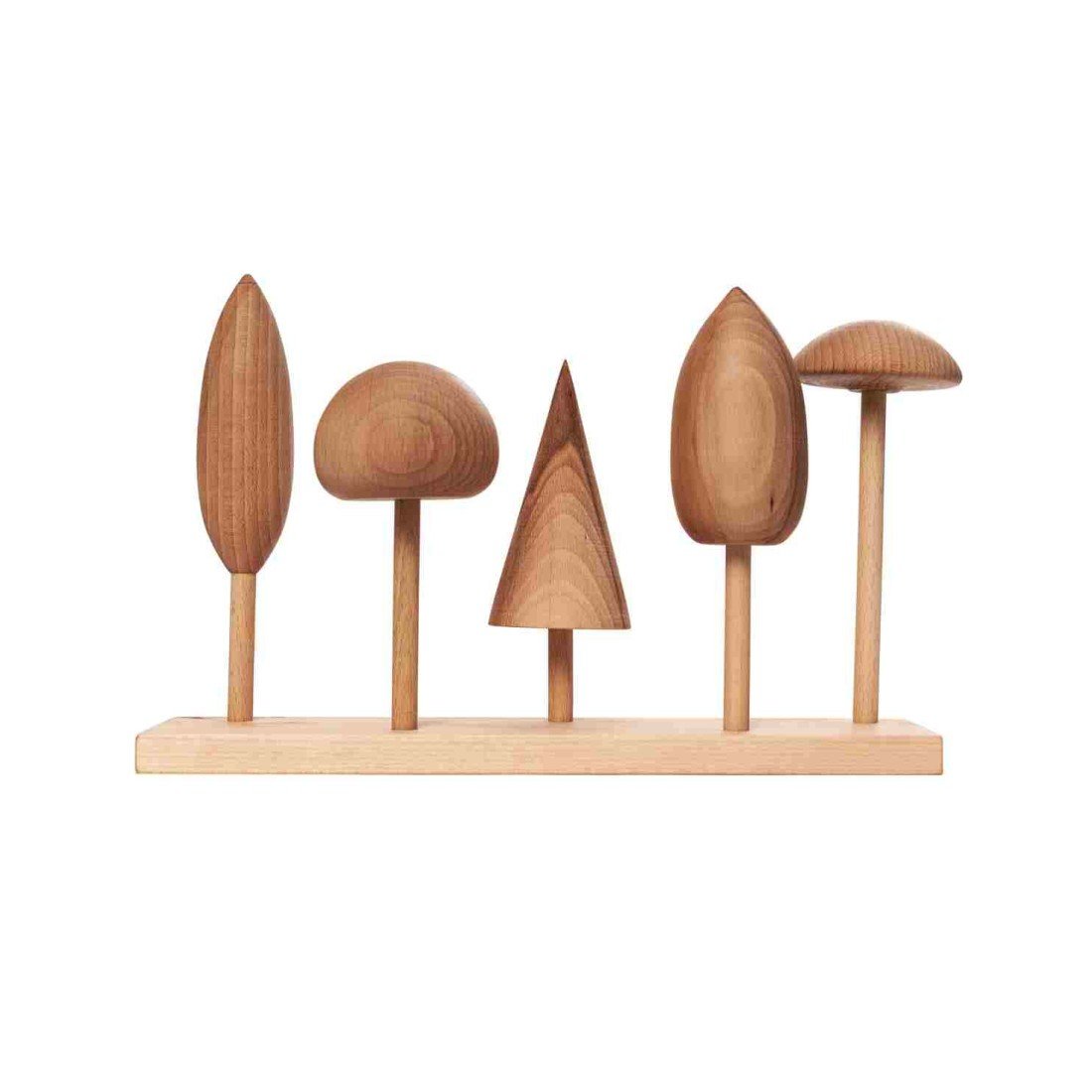 1. Wooden Story tree crown puzzle with five wooden tree shapes on a base, showcasing various crown designs against a white background