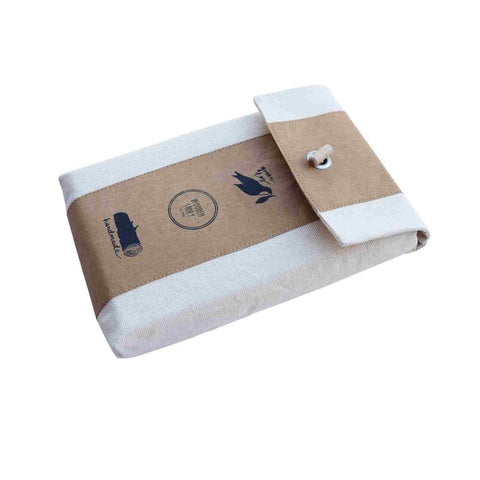 3. Eco-friendly cotton case for Montessori sand writing tray, featuring a button closure and branded packaging design.