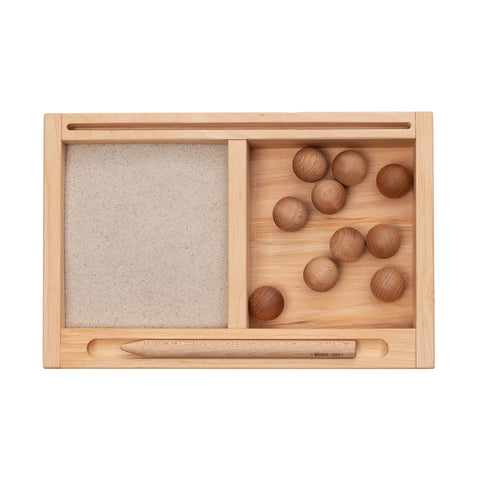 1. Montessori sand writing tray with divider and card holder, featuring a section filled with sand and wooden balls, includes a wooden pencil, made by Wooden Story.