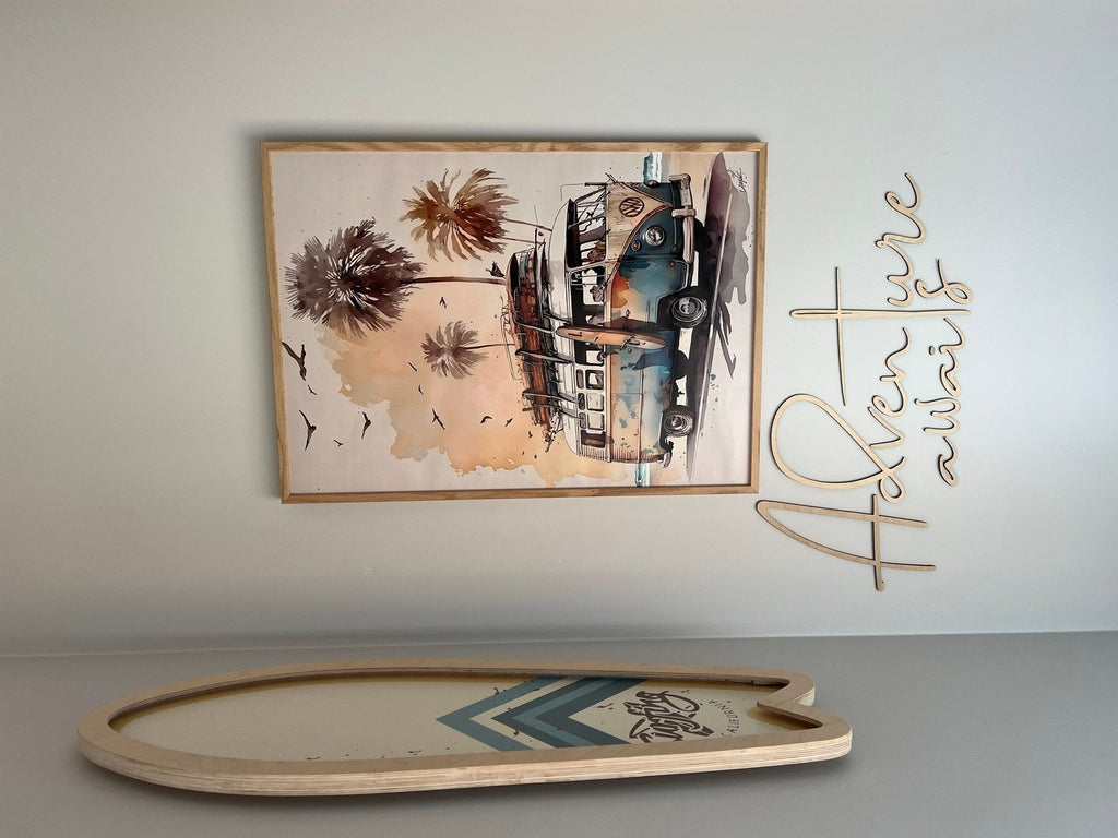 4. Close-up of 'Adventure Awaits' wooden wall sign next to vintage van artwork in child's room