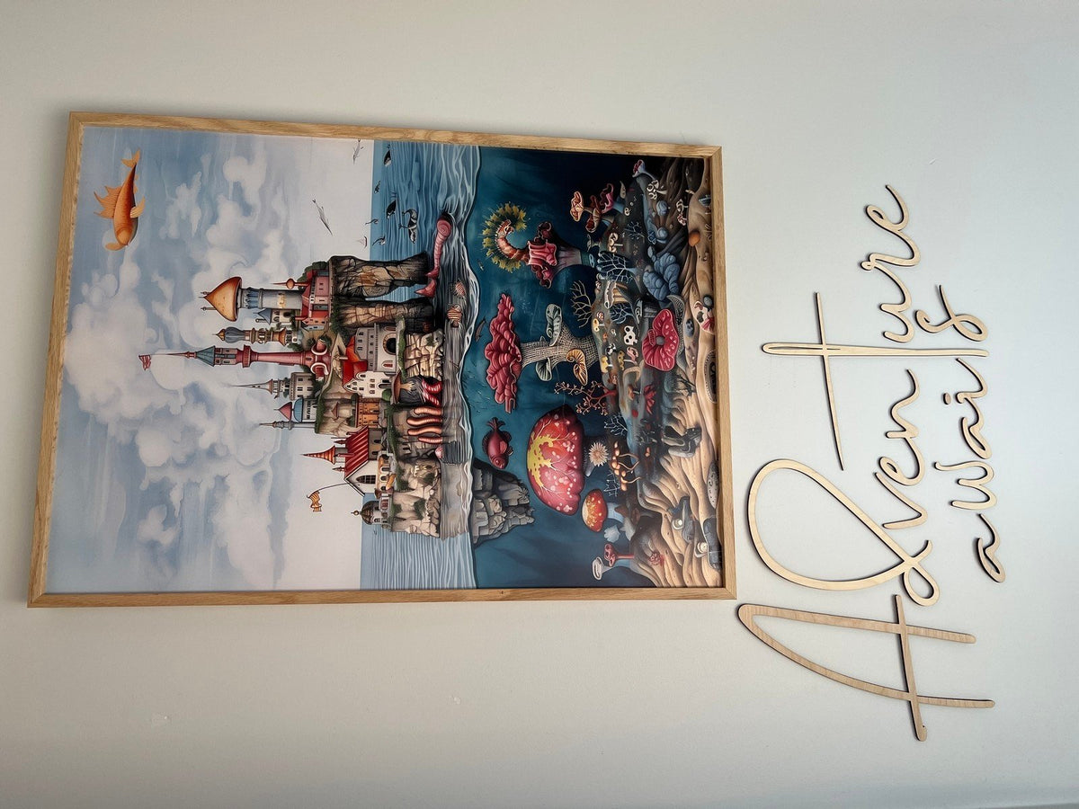 5. Close-up of 'Adventure Awaits' wooden wall sign next to fantasy castle artwork in child's room