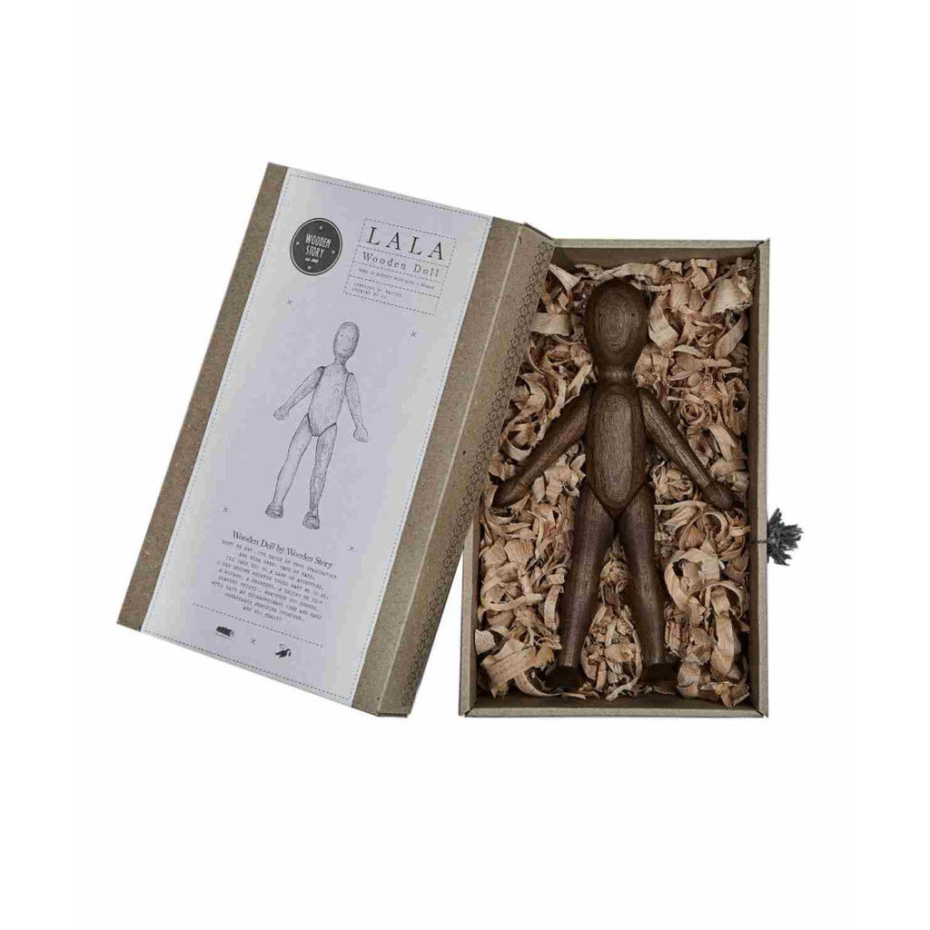 1. Wooden Walnut Doll with Dress by Wooden Story in eco-friendly packaging with natural wood shavings