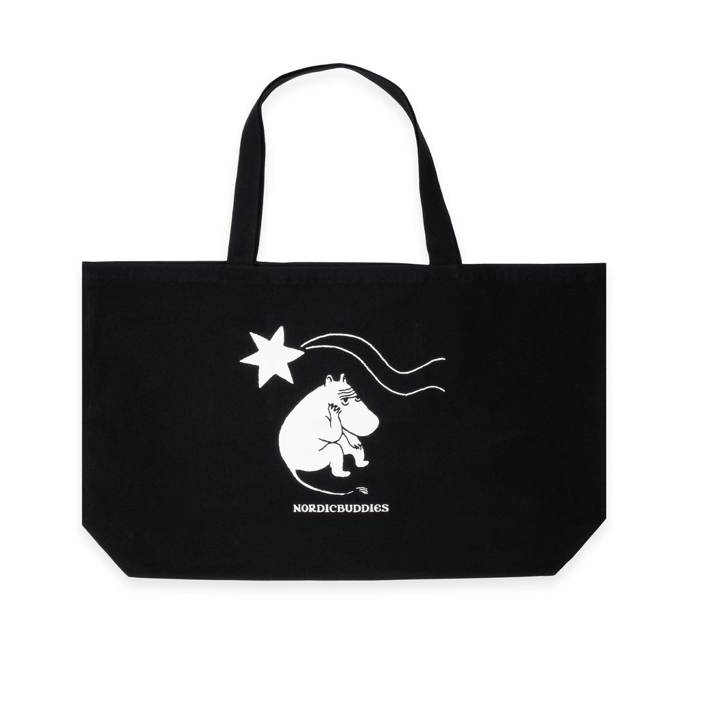 3. Studio shot of black XXL Novels Tote Bag by Moomin, highlighting Moomin character and star design