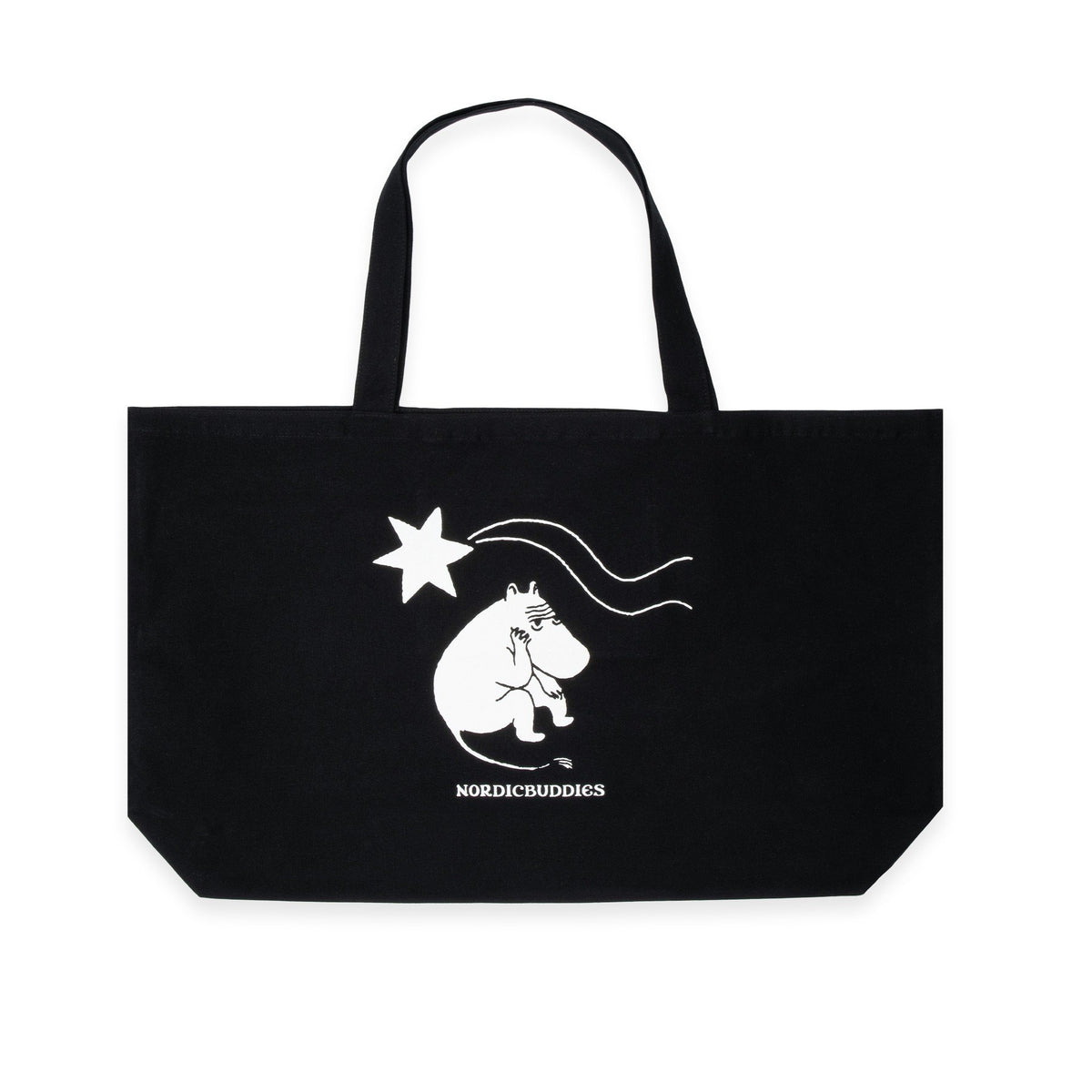 3. Studio shot of black XXL Novels Tote Bag by Moomin, highlighting Moomin character and star design
