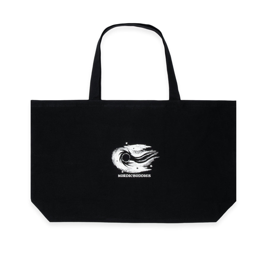 2. Studio image of black XXL Novels Tote Bag by Moomin, showcasing abstract design and NordicBuddies branding