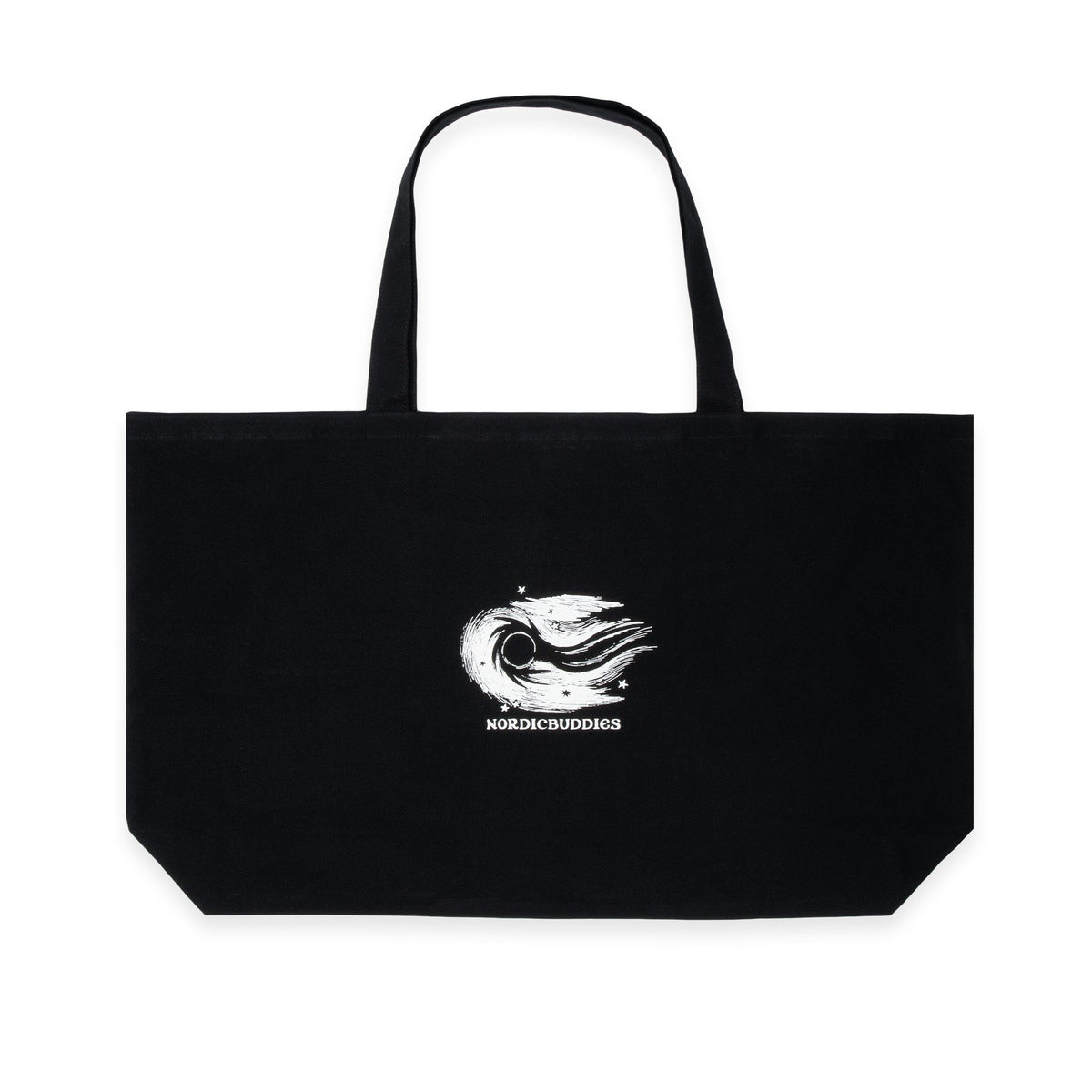 2. Studio image of black XXL Novels Tote Bag by Moomin, showcasing abstract design and NordicBuddies branding