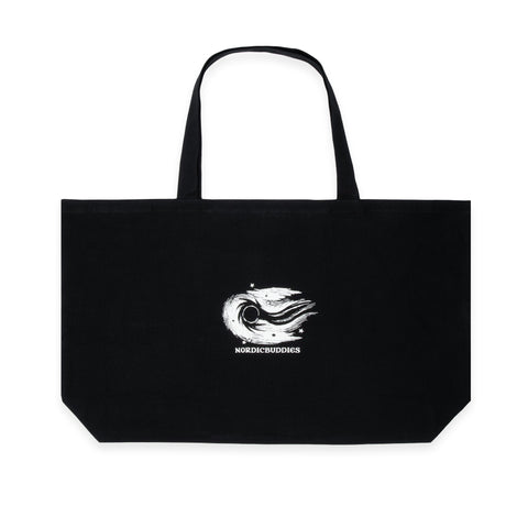 2. Studio image of black XXL Novels Tote Bag by Moomin, showcasing abstract design and NordicBuddies branding