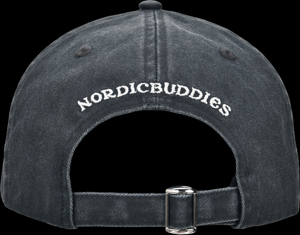 5. Back view of Moomin by NordicBuddies grey denim cap showing adjustable strap and NordicBuddies logo