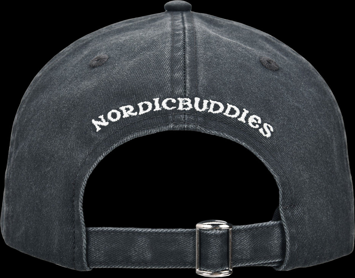 5. Back view of Moomin by NordicBuddies grey denim cap showing adjustable strap and NordicBuddies logo