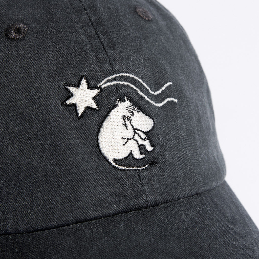 7. Close-up of Moomin embroidery on grey washed denim cap by NordicBuddies