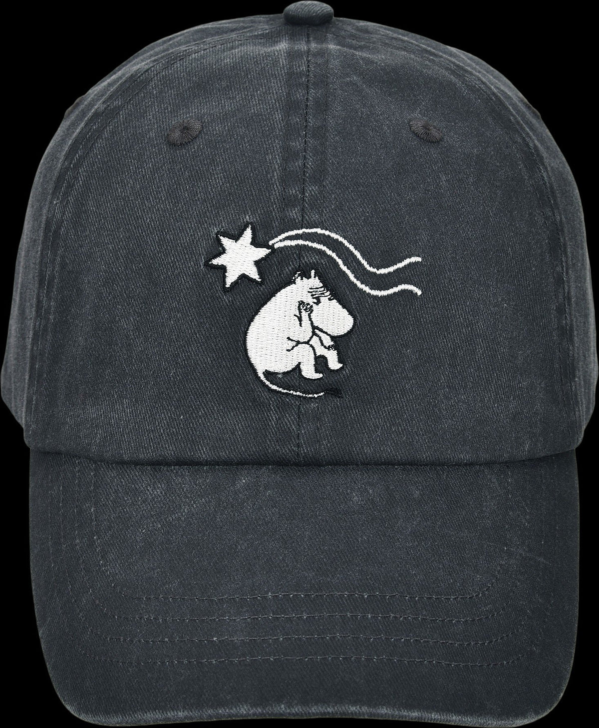 4. Front view of Moomin by NordicBuddies grey denim cap featuring Moomin embroidery