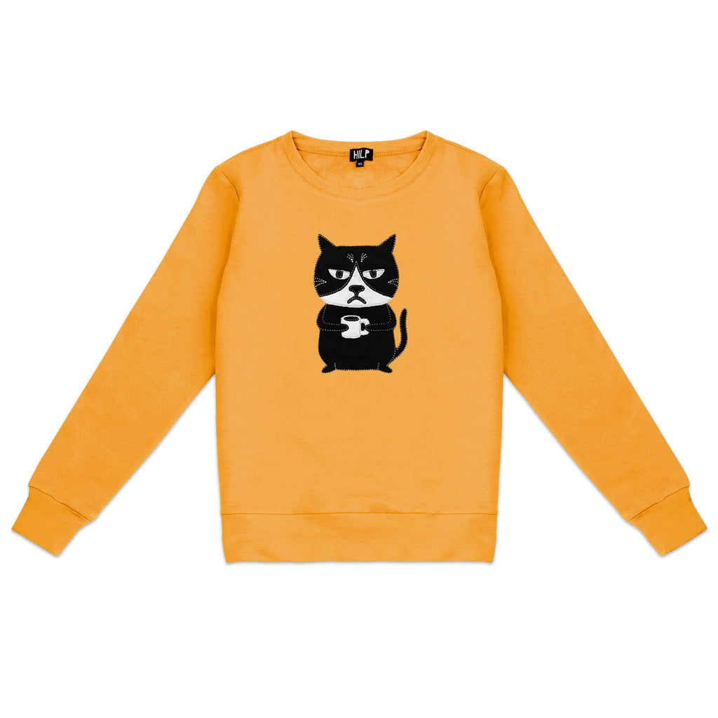 1. Women's yellow Grumpy Cat sweatshirt by HILP, featuring a playful cat graphic, shown in studio setting