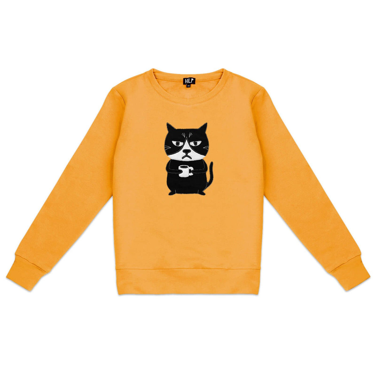 1. Women's yellow Grumpy Cat sweatshirt by HILP, featuring a playful cat graphic, shown in studio setting