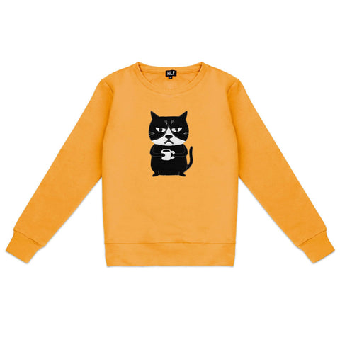 1. Women's yellow Grumpy Cat sweatshirt by HILP, featuring a playful cat graphic, shown in studio setting