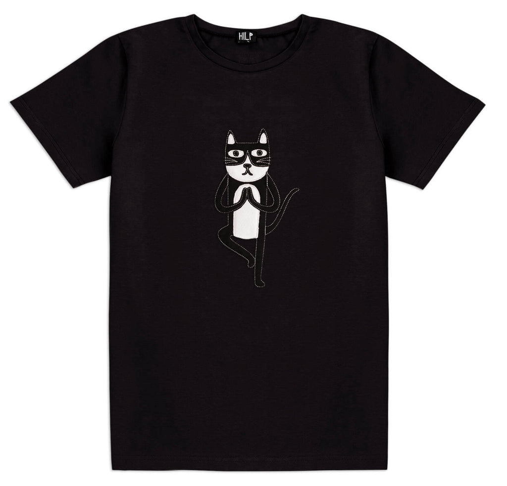 2. Men's Yoga Cat T-Shirt by HILP in black, showcasing a whimsical cat graphic in a yoga pose, crafted from comfortable cotton-elastane fabric