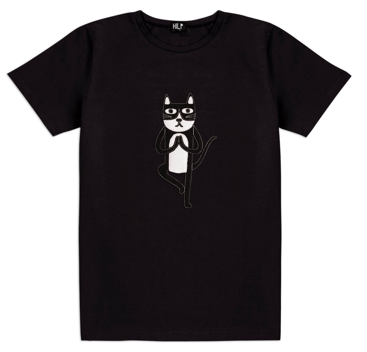 2. Men's Yoga Cat T-Shirt by HILP in black, showcasing a whimsical cat graphic in a yoga pose, crafted from comfortable cotton-elastane fabric
