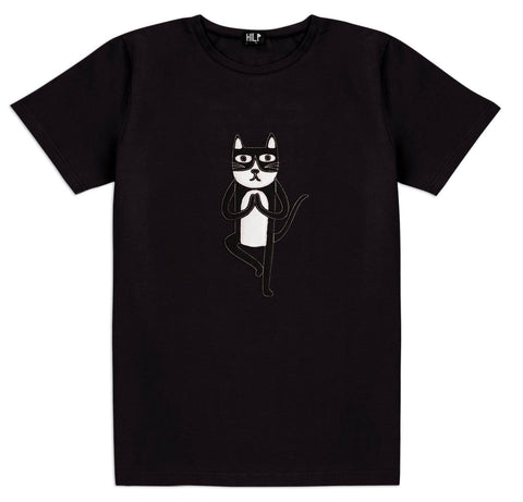 2. Men's Yoga Cat T-Shirt by HILP in black, showcasing a whimsical cat graphic in a yoga pose, crafted from comfortable cotton-elastane fabric