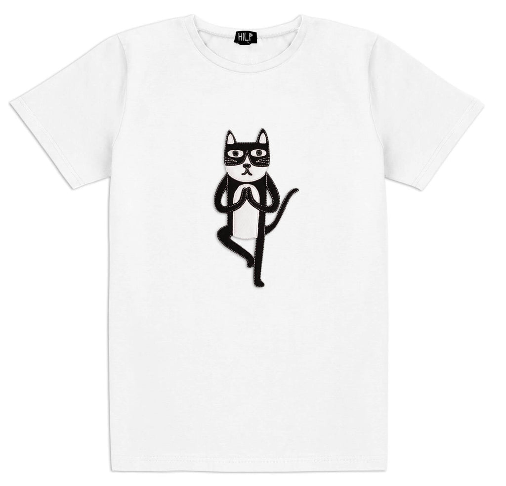 1. Men's Yoga Cat T-Shirt by HILP in white, featuring a playful cat graphic in a yoga pose, made from stretchy cotton-elastane blend