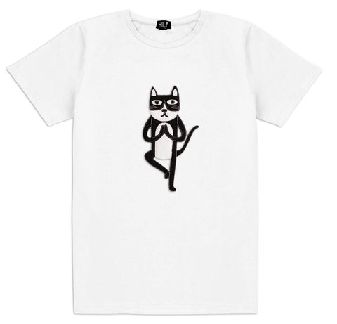 1. Men's Yoga Cat T-Shirt by HILP in white, featuring a playful cat graphic in a yoga pose, made from stretchy cotton-elastane blend