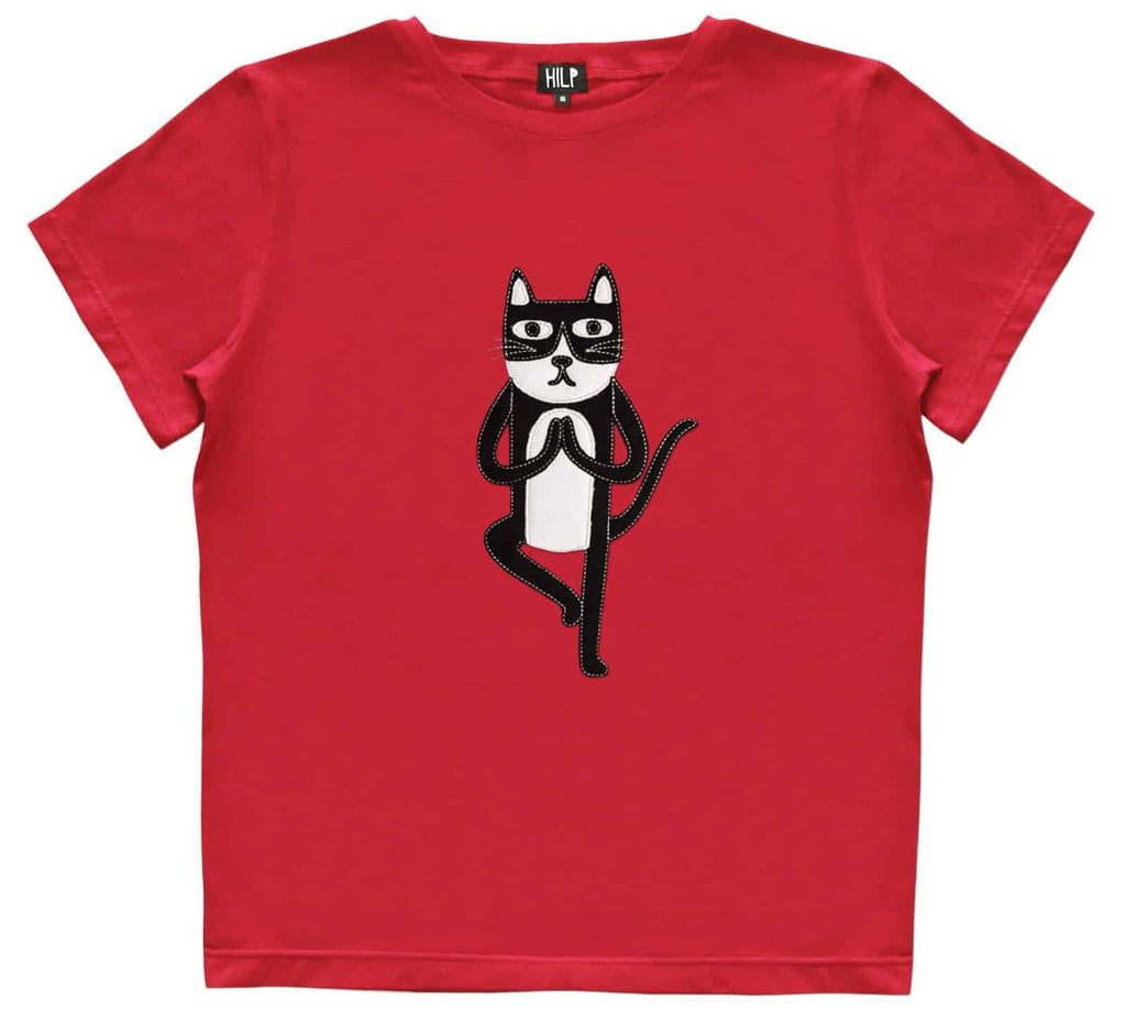 1. Women's Yoga Cat T-Shirt by HILP in vibrant red, featuring a playful cat graphic in a yoga pose, made from stretchy cotton-elastane blend