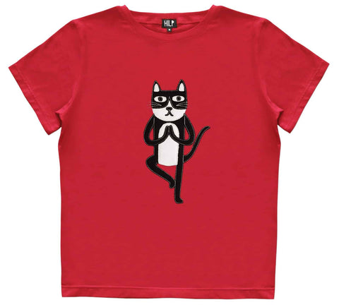1. Women's Yoga Cat T-Shirt by HILP in vibrant red, featuring a playful cat graphic in a yoga pose, made from stretchy cotton-elastane blend