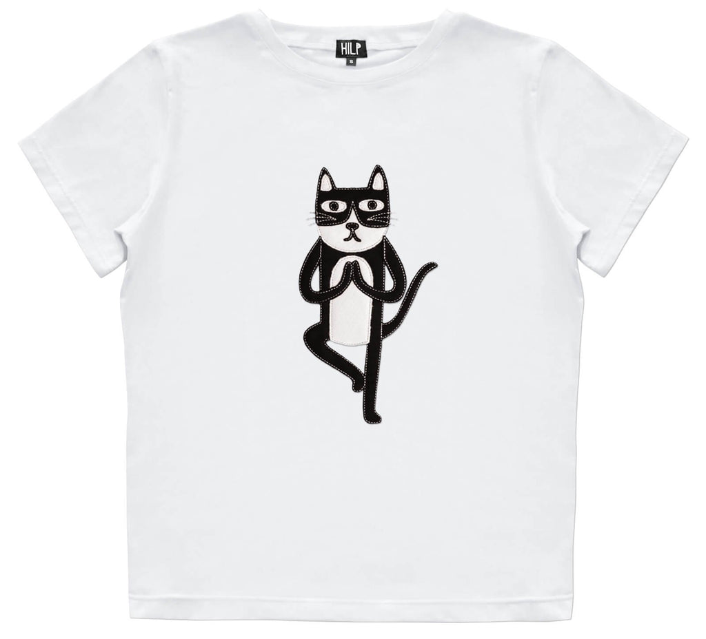 2. Women's Yoga Cat T-Shirt by HILP in classic white, showcasing a whimsical cat graphic in a yoga pose, crafted from a comfortable cotton-elastane mix