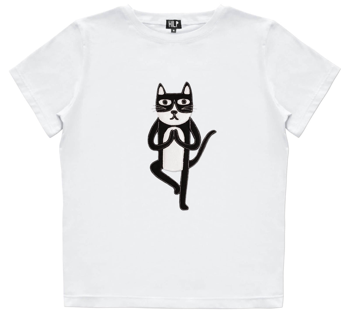 2. Women's Yoga Cat T-Shirt by HILP in classic white, showcasing a whimsical cat graphic in a yoga pose, crafted from a comfortable cotton-elastane mix