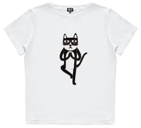 2. Women's Yoga Cat T-Shirt by HILP in classic white, showcasing a whimsical cat graphic in a yoga pose, crafted from a comfortable cotton-elastane mix