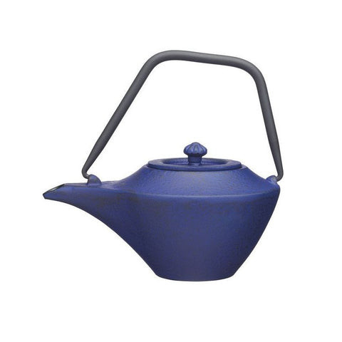 2. Dark blue cast iron Japanese-inspired teapot by La Cafetière with a distinctive shape and black handle, shown in a studio setting