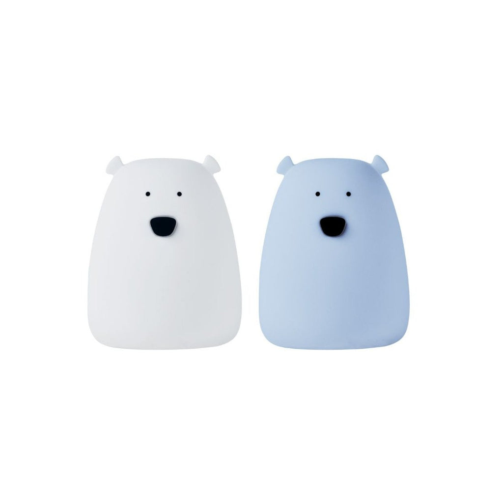 2. Studio shot of Rabbit & Friends mini bear lights in white and arctic blue on a white background