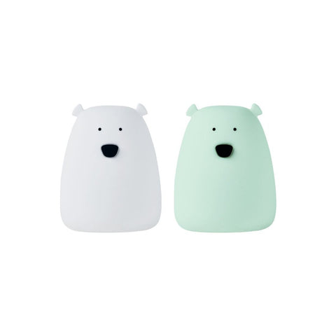 2. Set of two mini bear lights in white and arctic green by Rabbit & Friends on a white background
