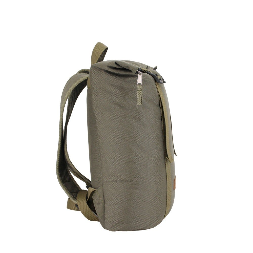 7. Side profile of Noel khaki backpack with G-hook closure and spacious compartment