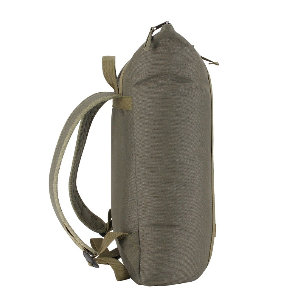 6. Side view of Noel khaki backpack displaying sleek design and water-repellent Cordura material