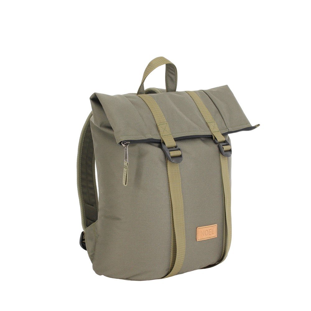 11. Angled front view of Noel khaki backpack with G-hook and zip closure, highlighting urban style