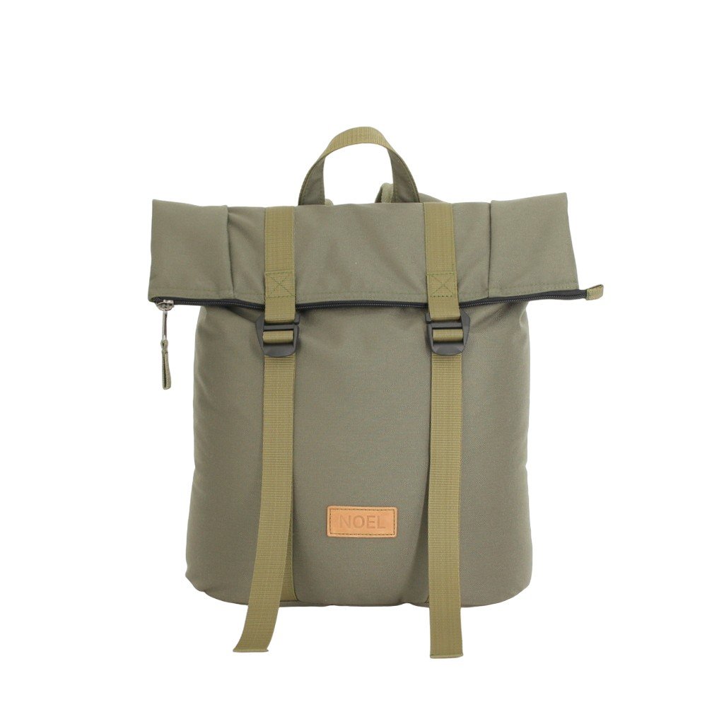 12. Front view of Noel khaki backpack with G-hook closure, emphasizing urban style and functionality
