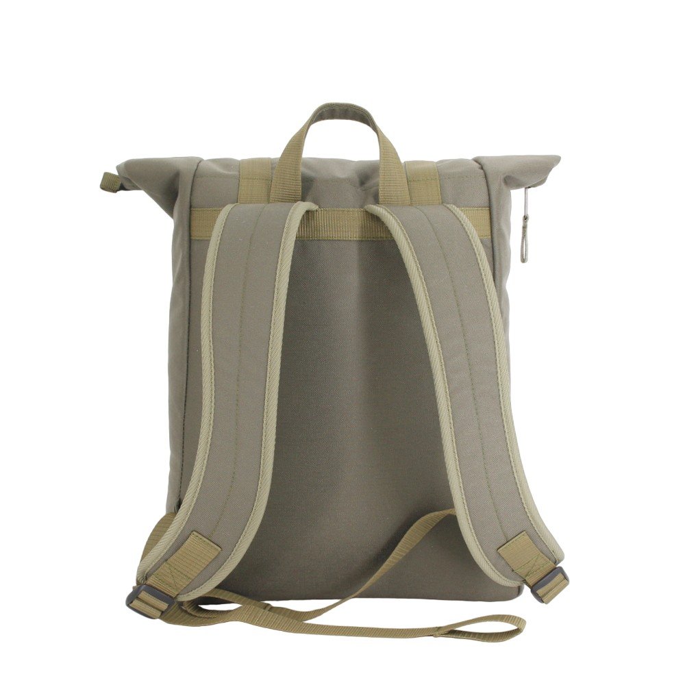 5. Back view of Noel khaki backpack emphasizing padded back and shoulder straps